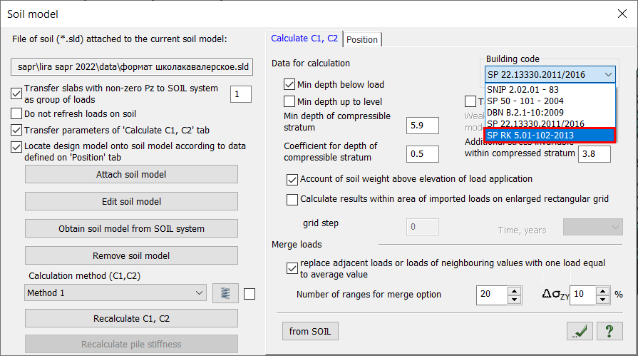 How to select the building code in the 'Soil model' dialog box (when calculating the subgrade moduli C1 and C2)