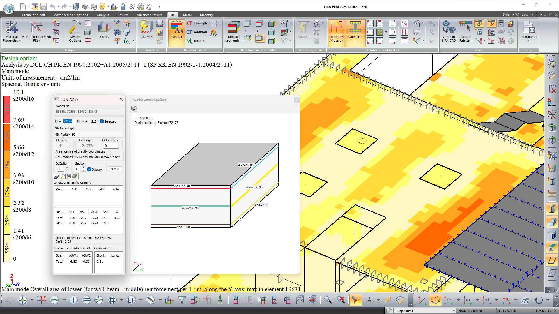 Reinforcement pattern in the specified plate for the current design option